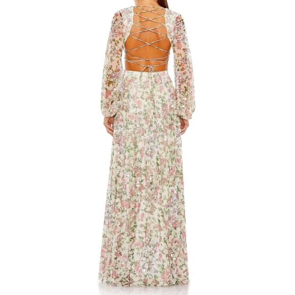 Mac Duggal Sequined Floral Print Cut Out Lace Up Gown A93746 Women’s Sz 8 - Picture 8 of 13